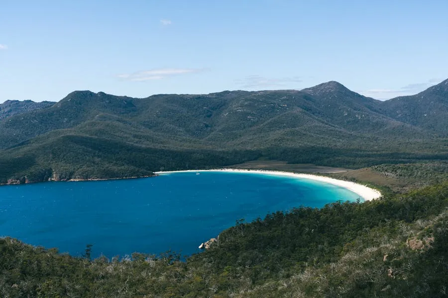 Wineglass Bay turquoise water and white sand from the lookout in Tasmania