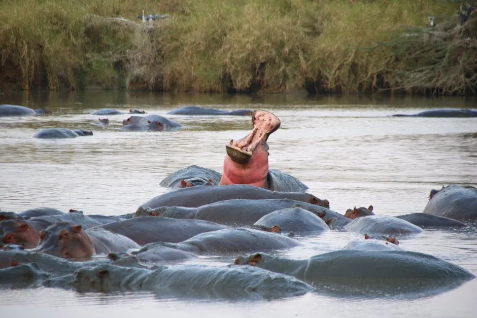 Hippopotamus surfacing in African river