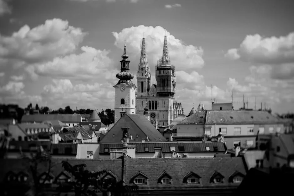 Zagreb upper town with cathedral spires and red rooftops