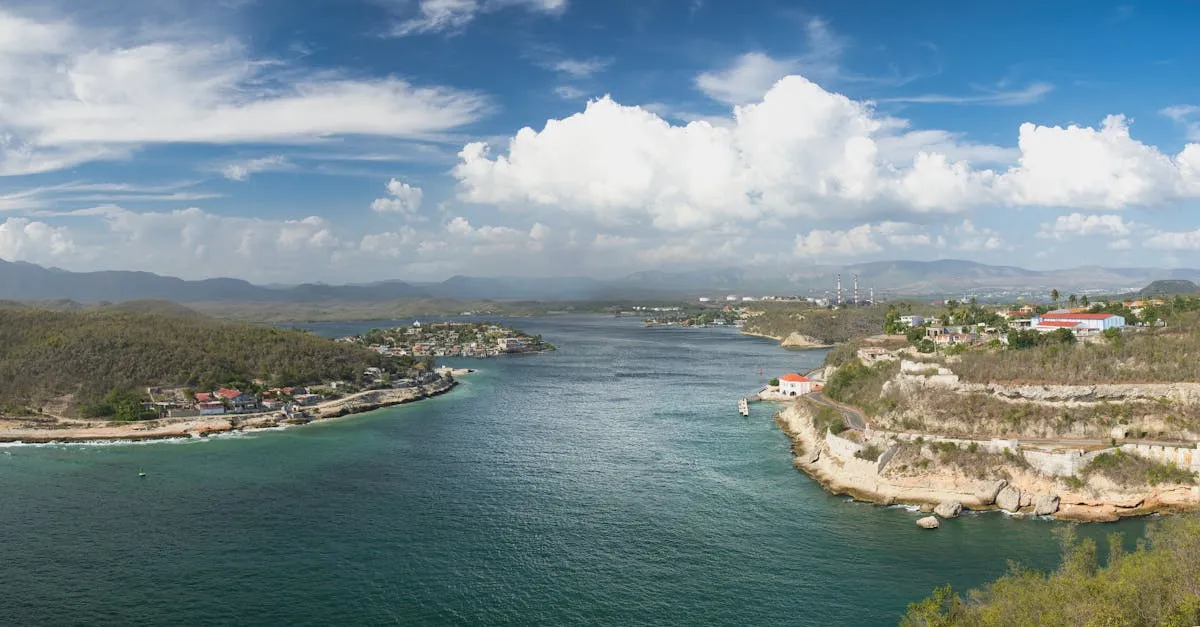 View of Santiago de Cuba harbour at sunset