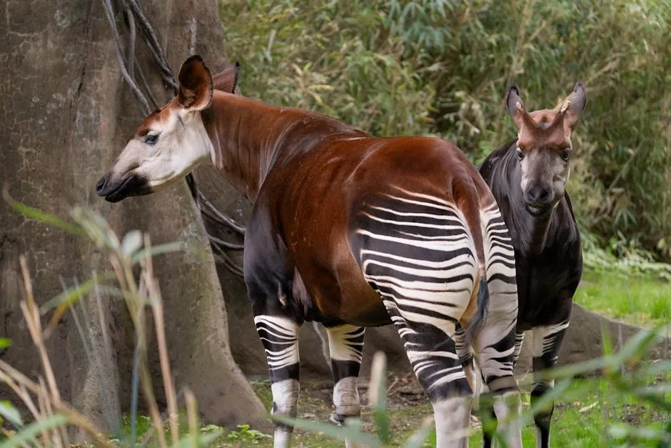 Okapi with zebra-striped legs in forest clearing