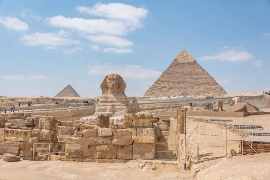 Great Pyramids of Giza at sunset with golden desert light