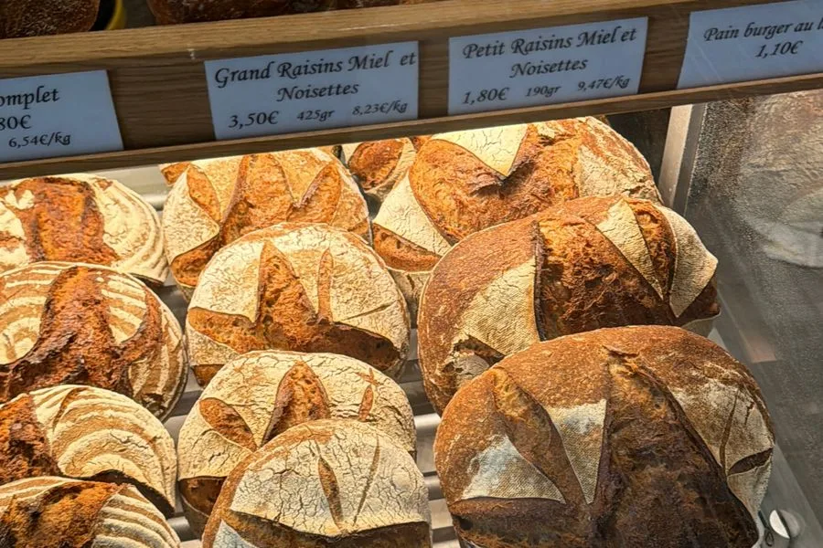Artisan bread display in a French bakery