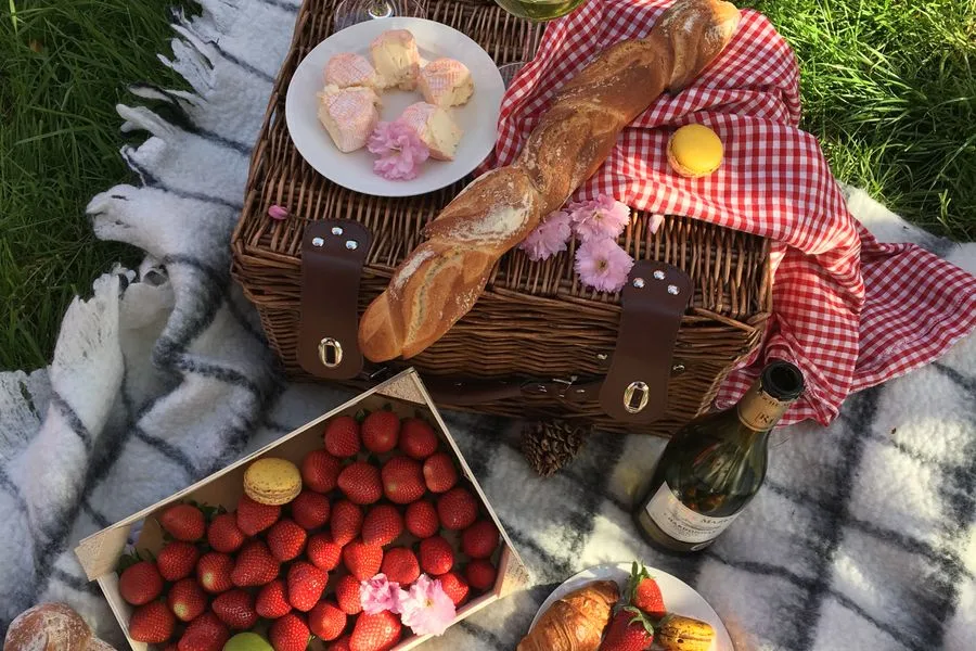 French picnic with baguette, cheese and wine