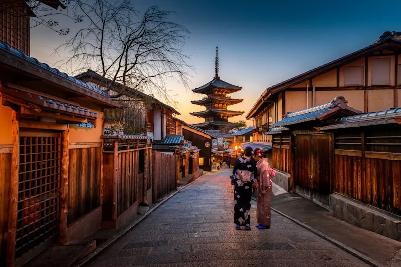 Mount Fuji with cherry blossoms and traditional pagoda