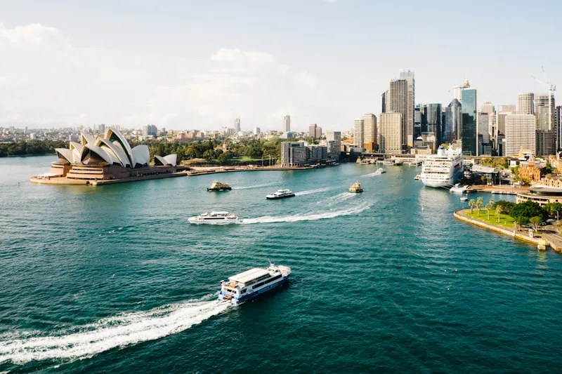 Sydney Opera House with harbour bridge at sunset