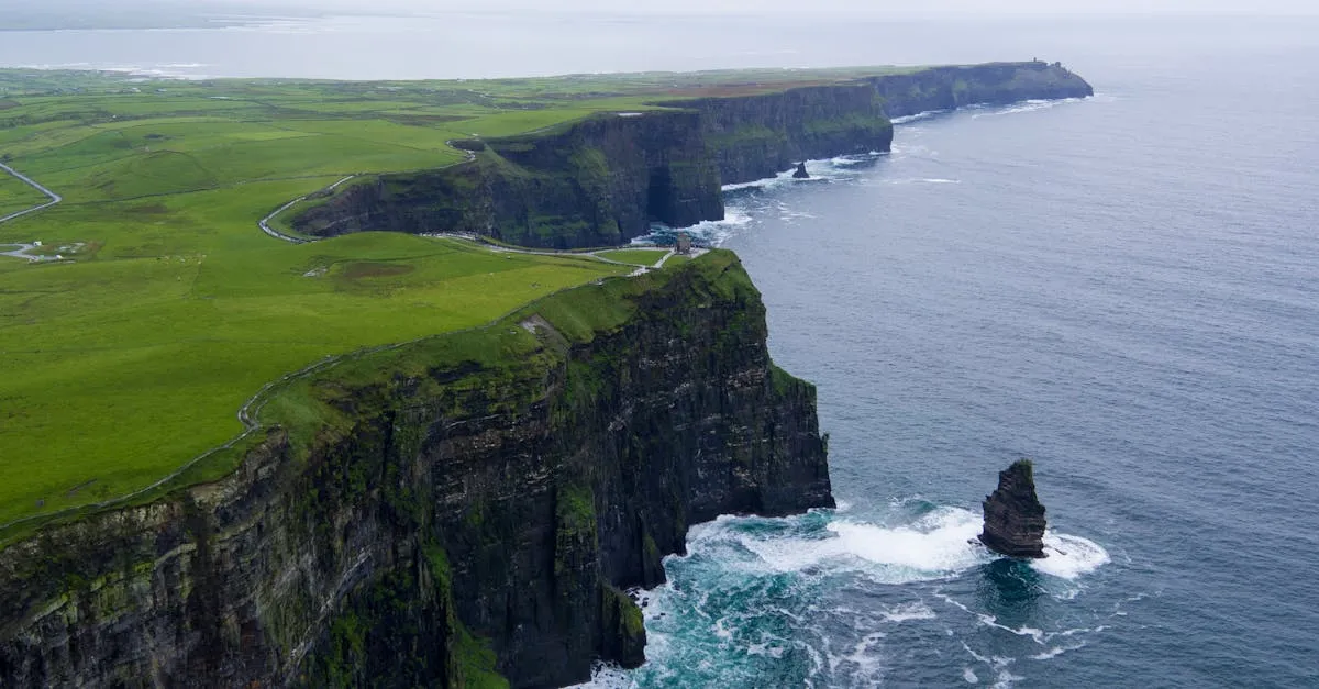 Dramatic green Irish coastline with cliffs and Atlantic Ocean