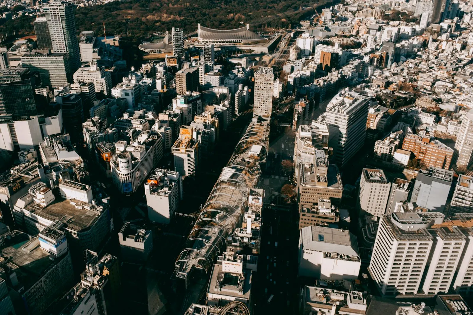 Aerial view of Tokyo, Japan, showcasing dense urban architecture under bright sunlight.