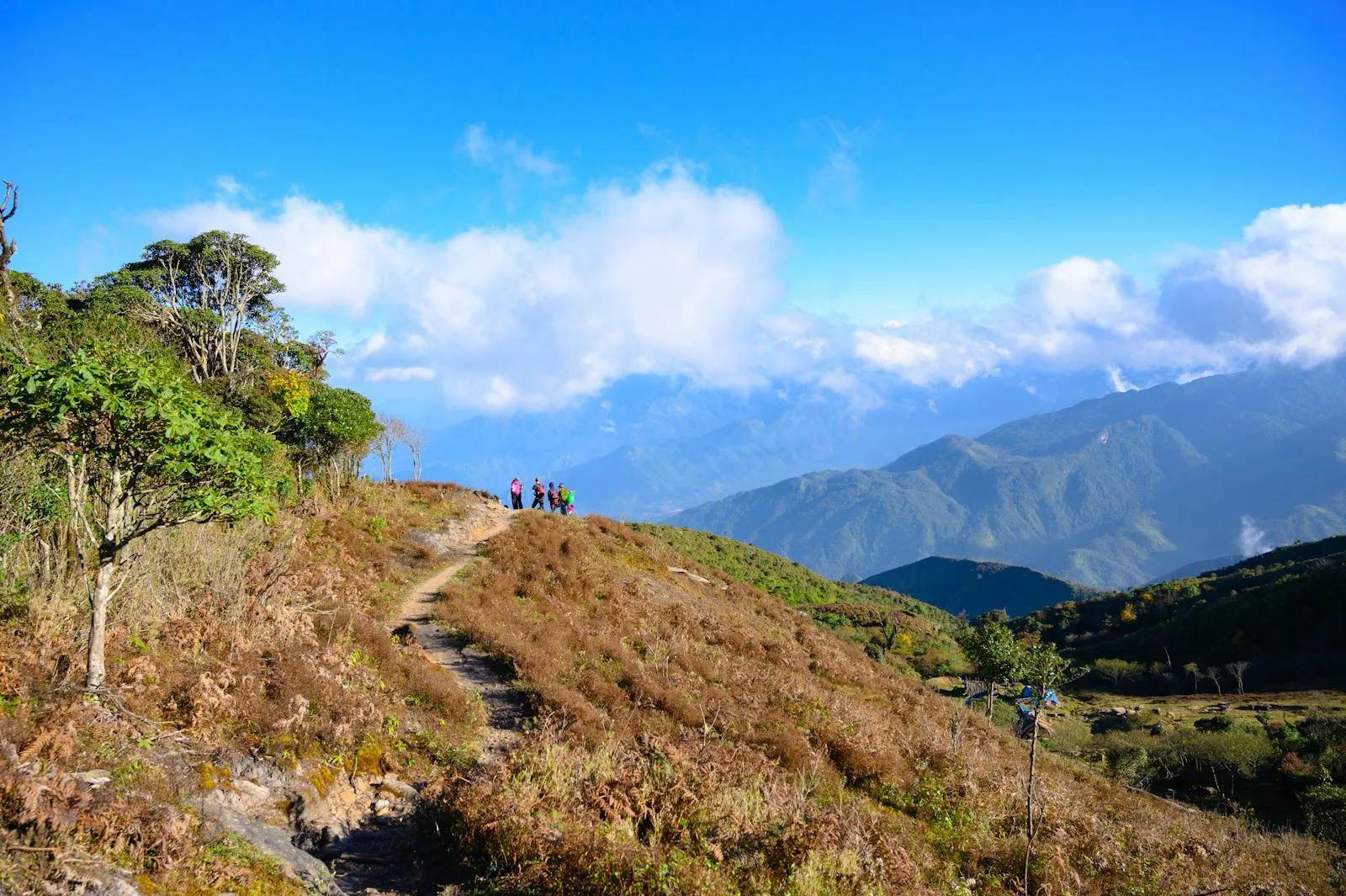 Hikers enjoying a scenic view on a mountain trail in L?o Cai, Vietnam.