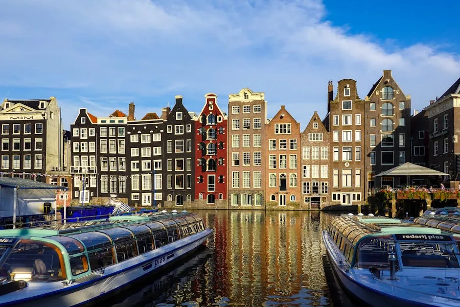 Amsterdam canal houses with boats on the water