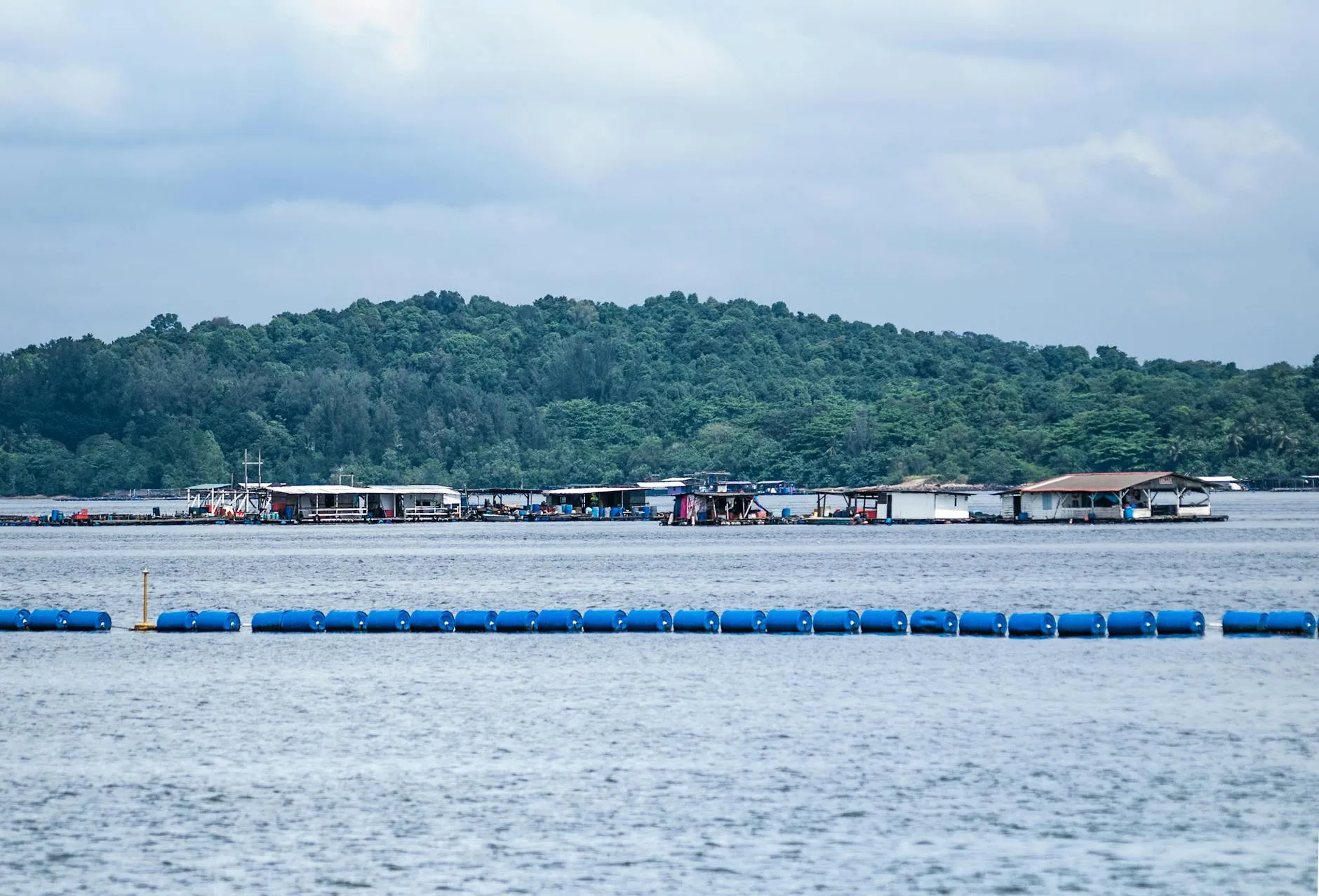 A picturesque view of traditional kelongs on the sea near Pasir Ris, Singapore, under a cloudy sky.