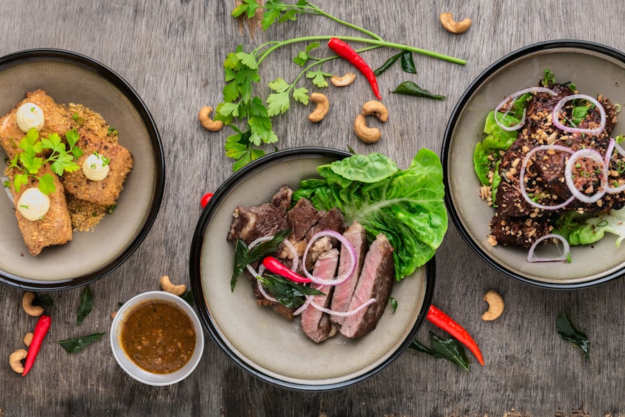 Cambodian food spread with fresh herbs and rice