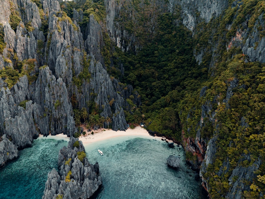El Nido limestone cove with turquoise water in Palawan, Philippine islands during dry season