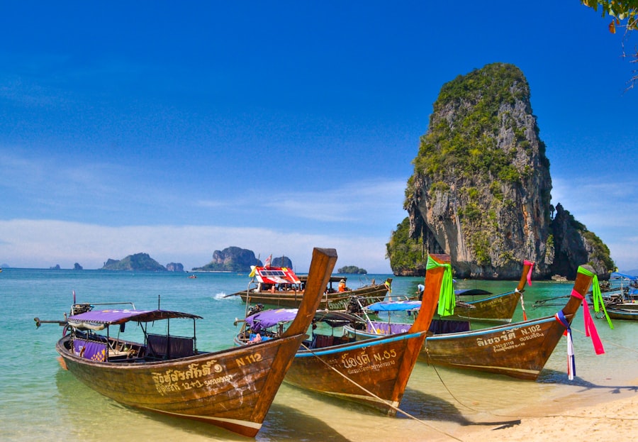Traditional longtail boats moored at Railay Beach, Krabi