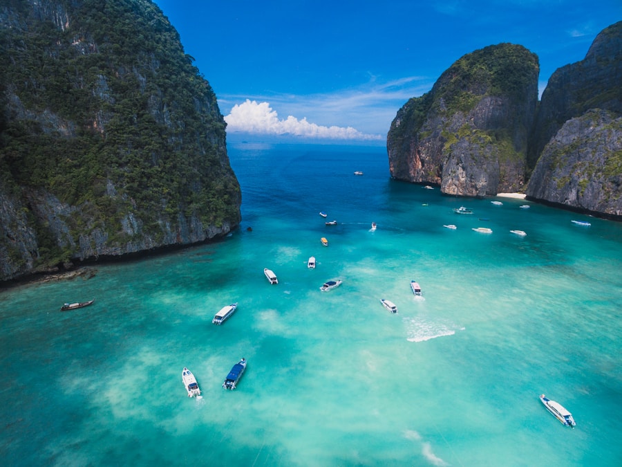 Aerial view of Maya Bay and turquoise waters at Phi Phi Islands
